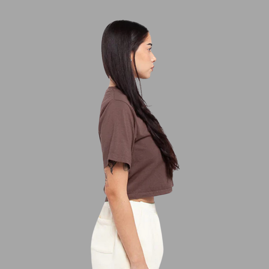 Close-up of a brown women's T-shirt, featuring a scoop neckline and short sleeves