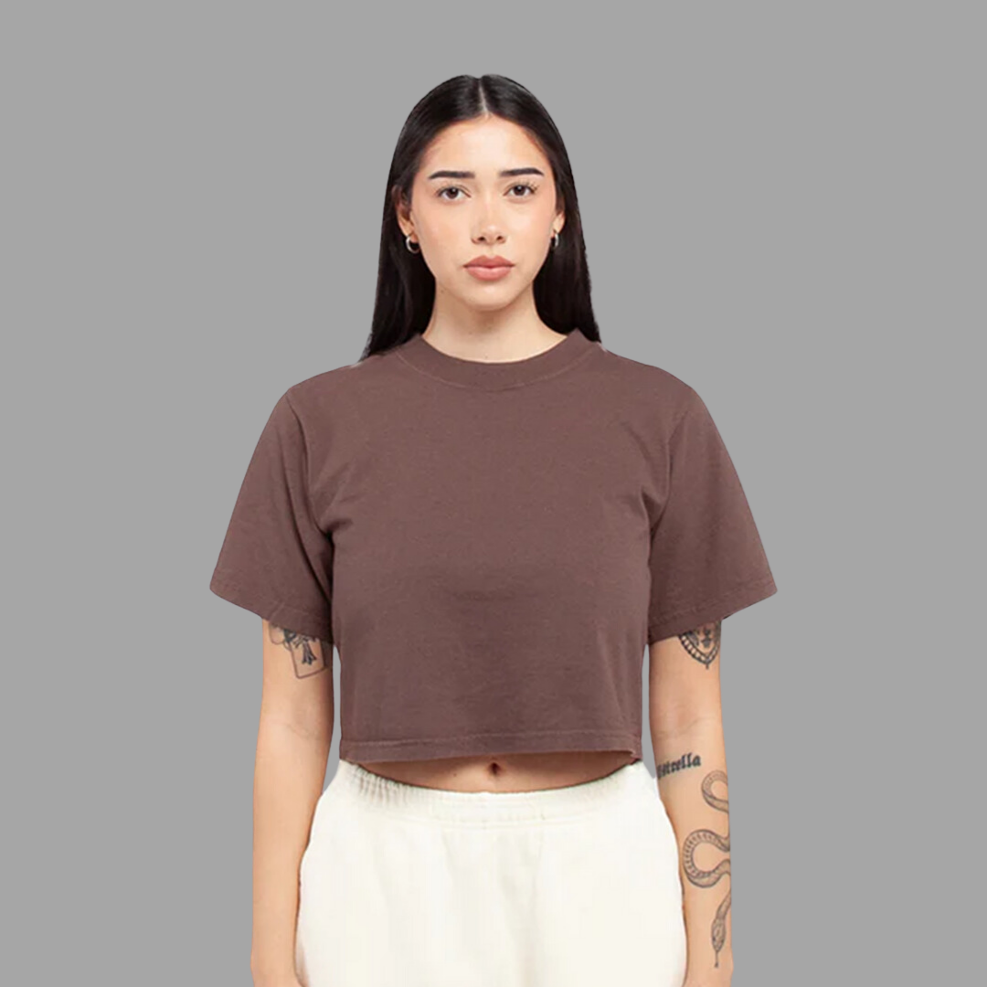 Brown women's T-shirt with a modern design, laid flat to show its details.