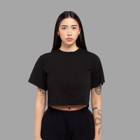 Black women's T-shirt with a modern design, laid flat to show its details.