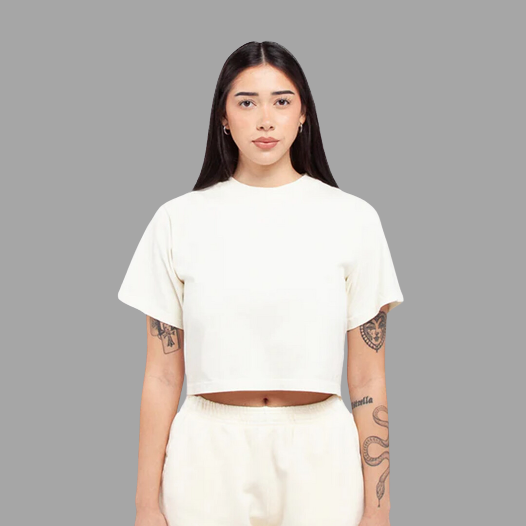 Off White women's T-shirt with a modern design, laid flat to show its details.