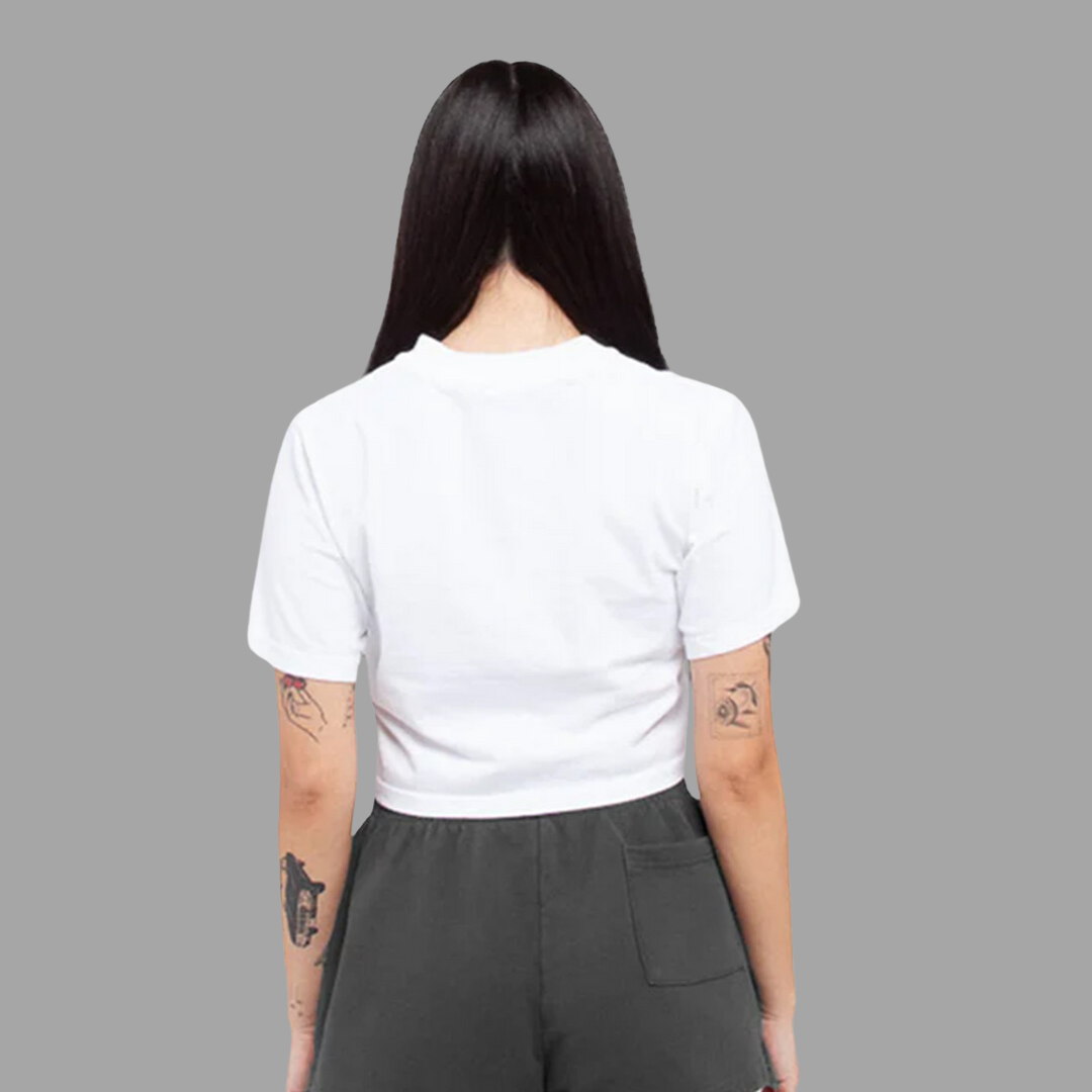 White women's T-shirt with a modern design, laid flat to show its details.